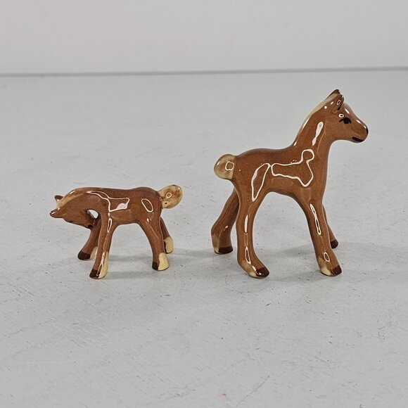 Vintage Japan Ceramic Horse Figurines Brown Glaze Set Of 2 Miniature Collectible - Picture 5 of 8